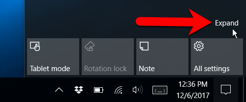 Windows 10 Action Center - Expand Buttons
