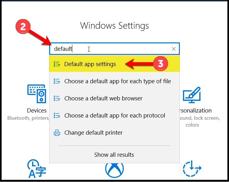 Windows 10 Search Settings for Default Apps