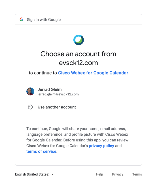 Choose the G Suite account that you want to use for WebEx for Google Calendar.