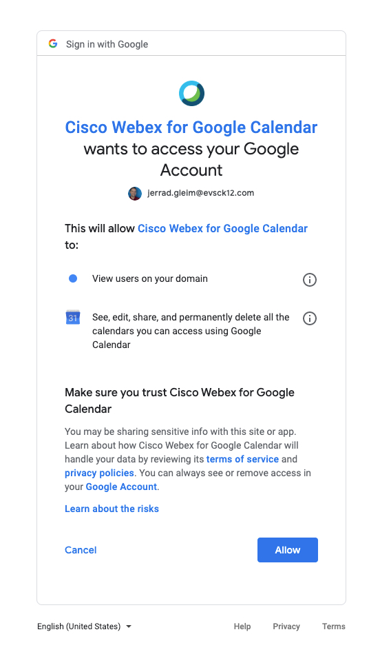Select Allow for the Google / WebEx permissions.