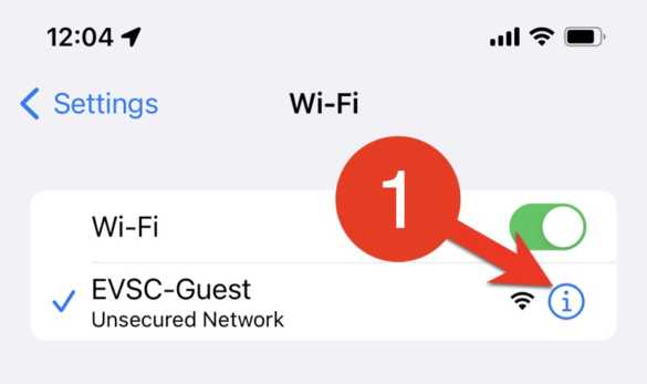 Tap the info icon for EVSC-Guest in the Wi-Fi Settings.